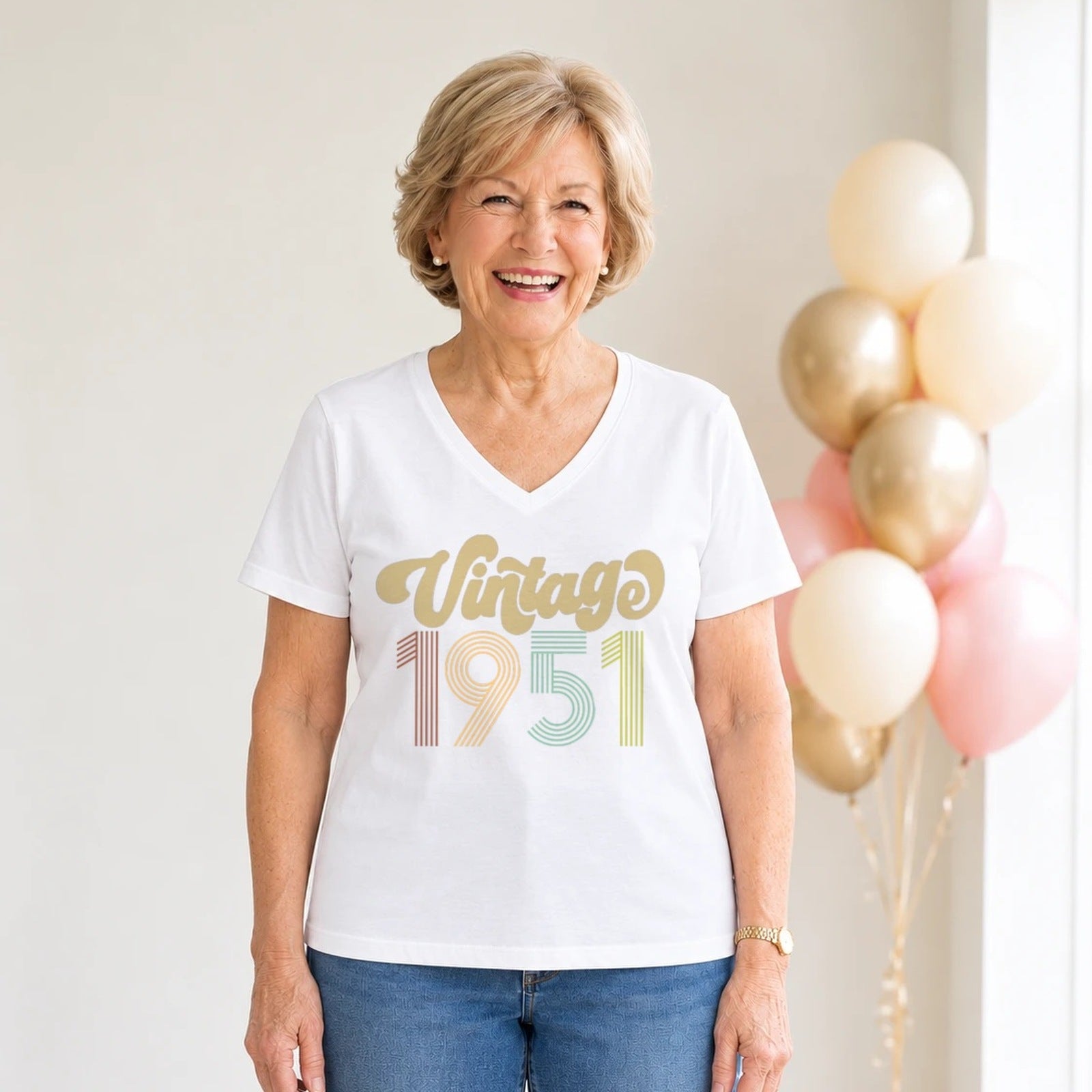 Vintage 1951 - Retro 75th Birthday T-Shirt for Women - White V-Neck