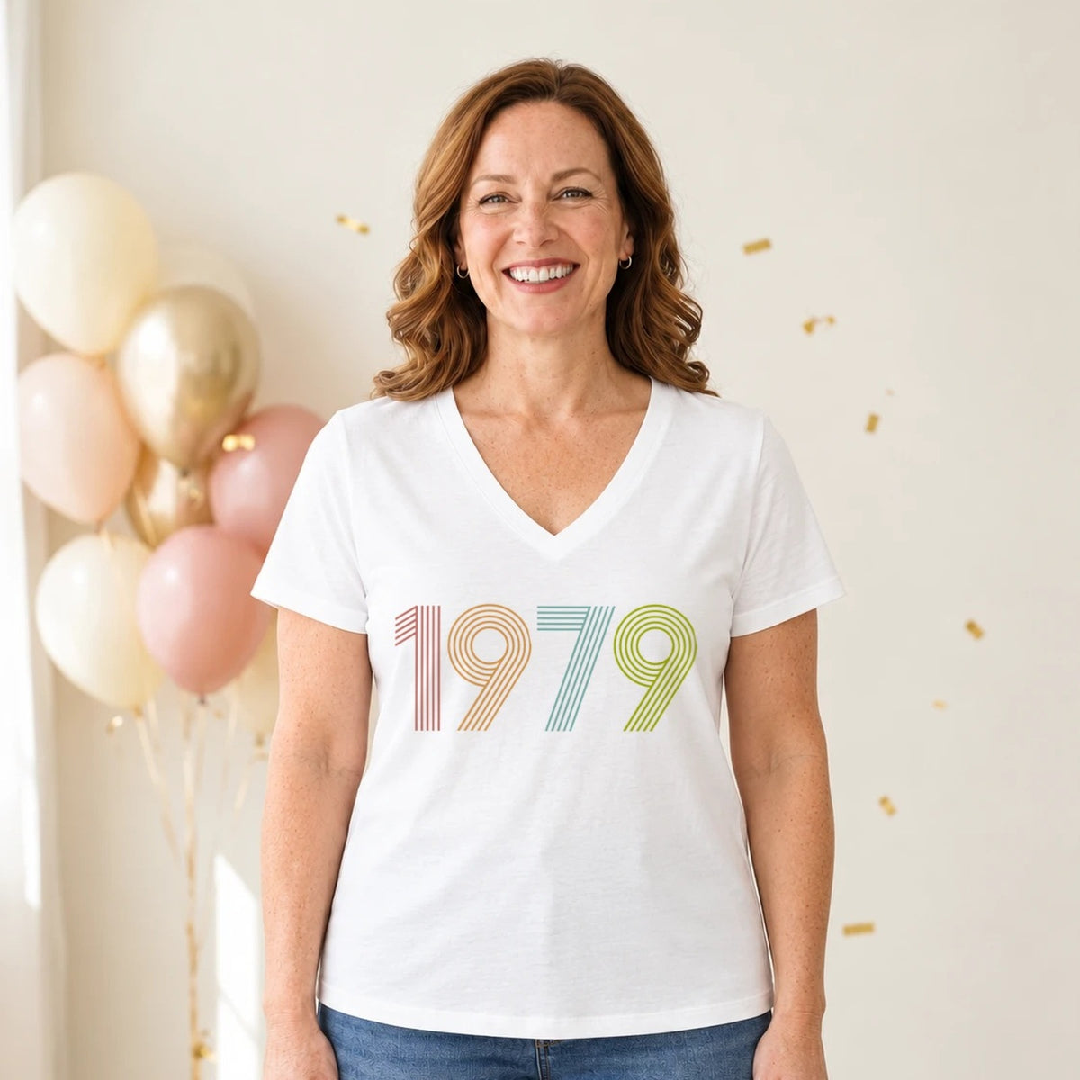 1979 Birth Year Shirt - Retro 47th Birthday T-Shirt for Women - White V-Neck