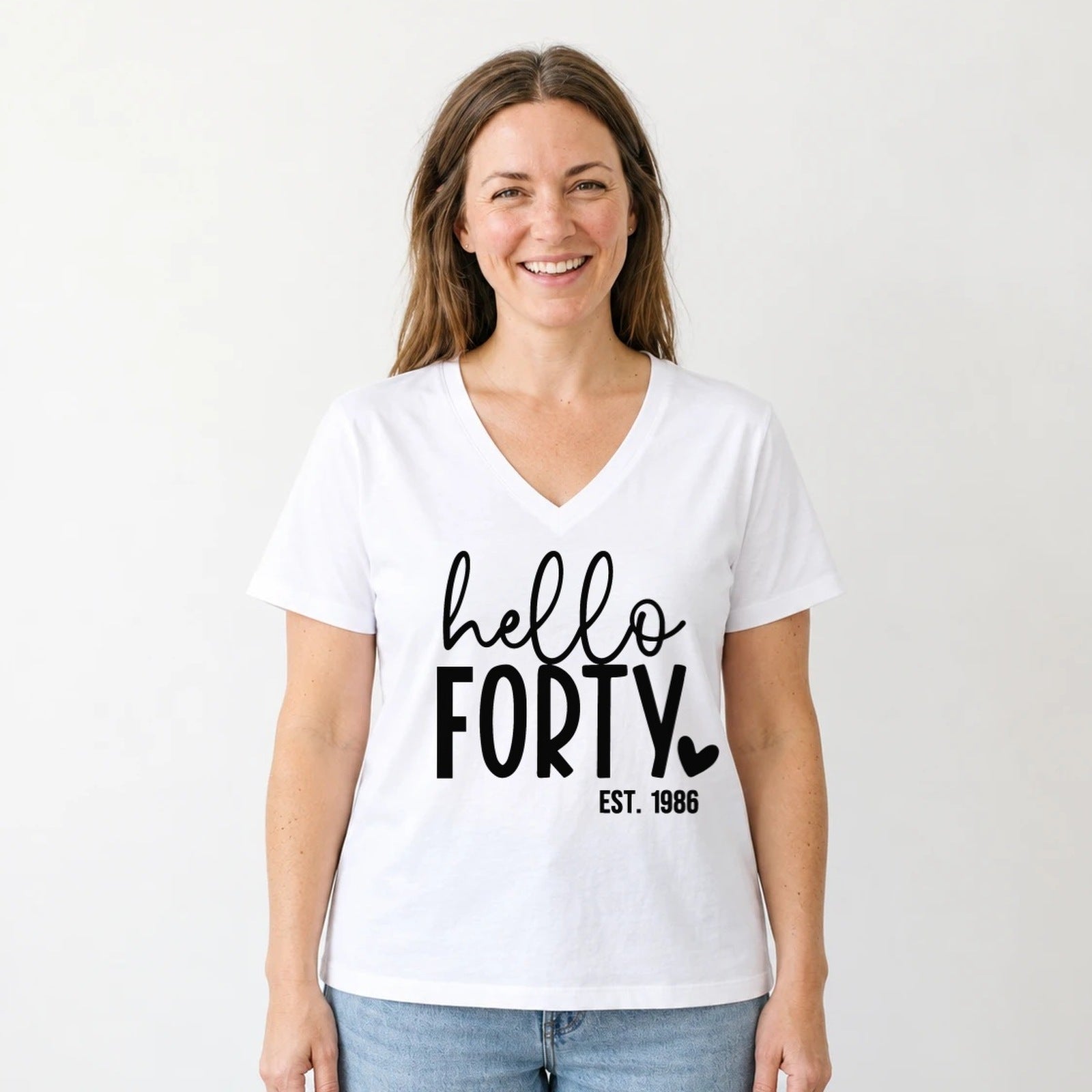 Hello Forty 40th Birthday T-Shirt for Women - Est. 1986 - White V-Neck