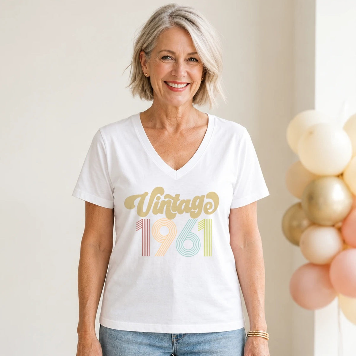Vintage 1961 - Retro 65th Birthday T-Shirt for Women - White V-Neck