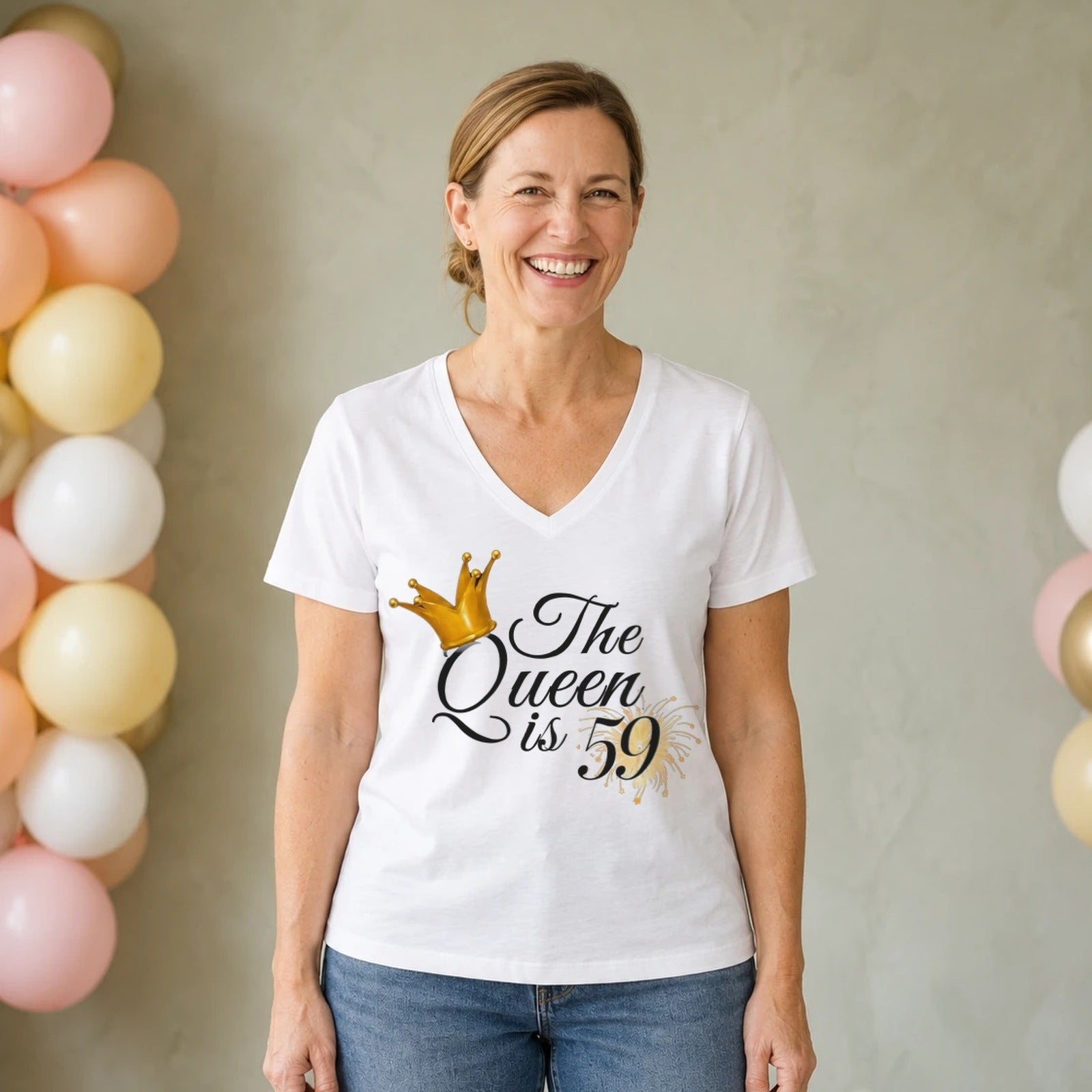 The Queen Is 59 - 59th Birthday Queen T-Shirt for Women - White V-Neck