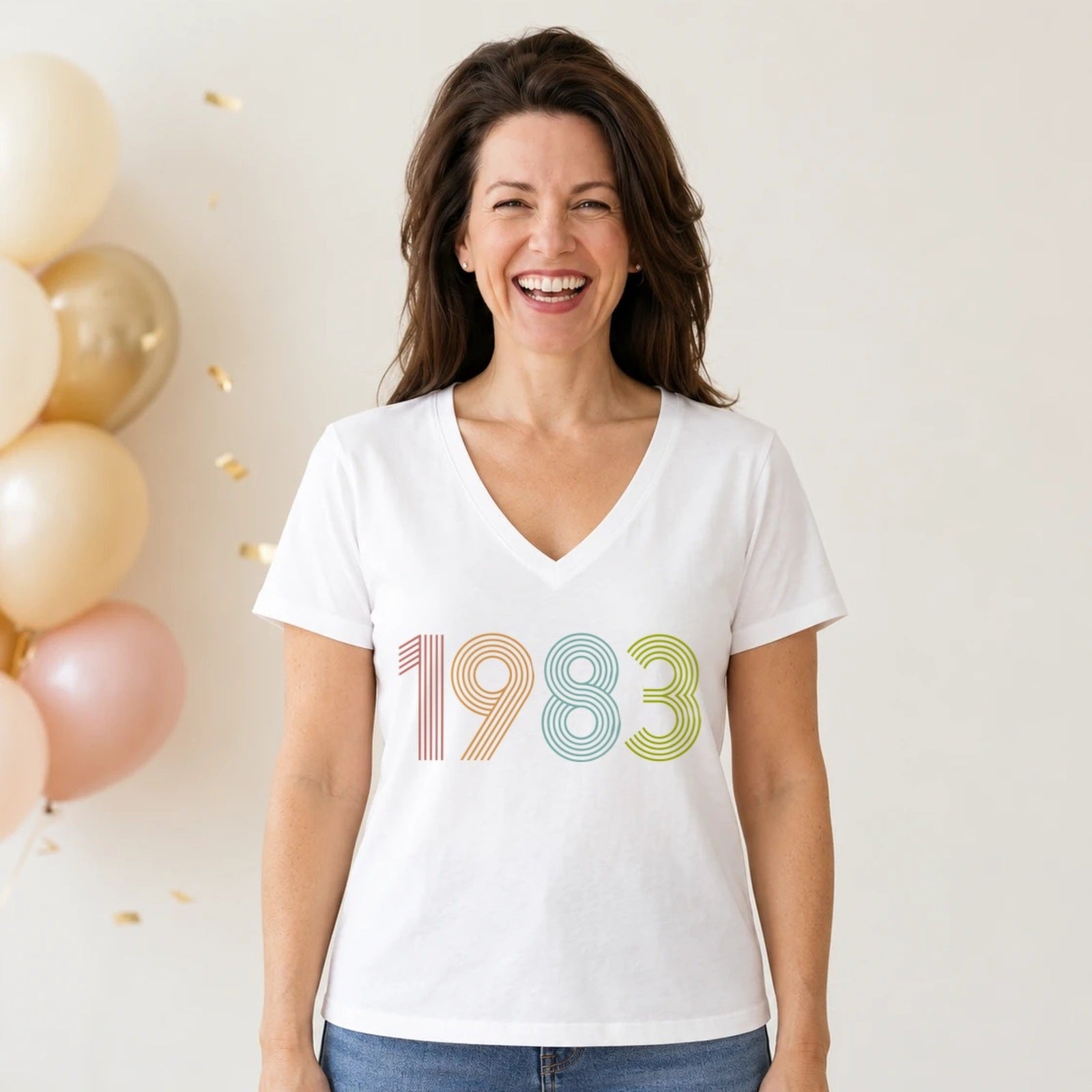 1983 Birth Year Shirt - Retro 43rd Birthday T-Shirt for Women - White V-Neck