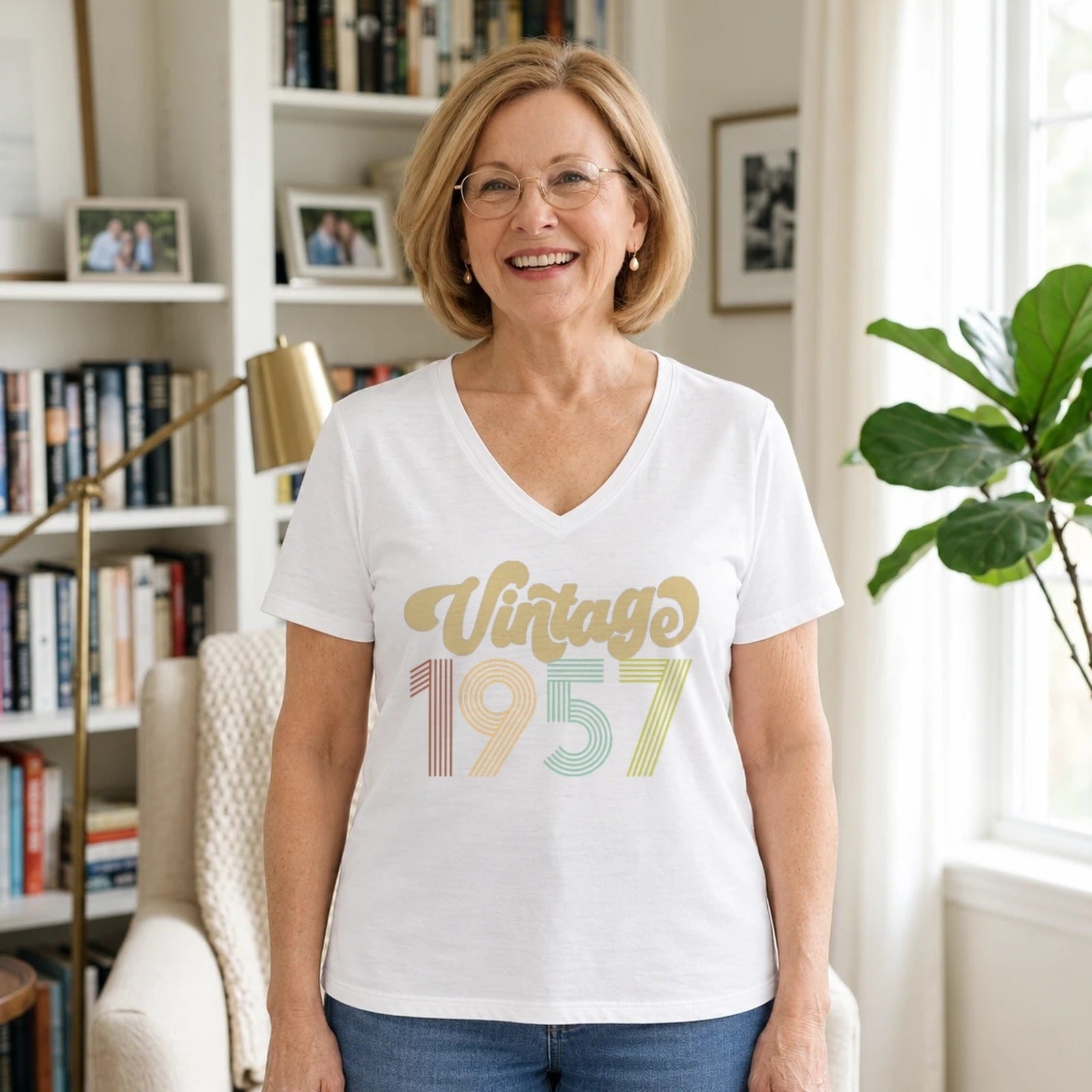 Vintage 1957 - Retro 69th Birthday T-Shirt for Women - White V-Neck