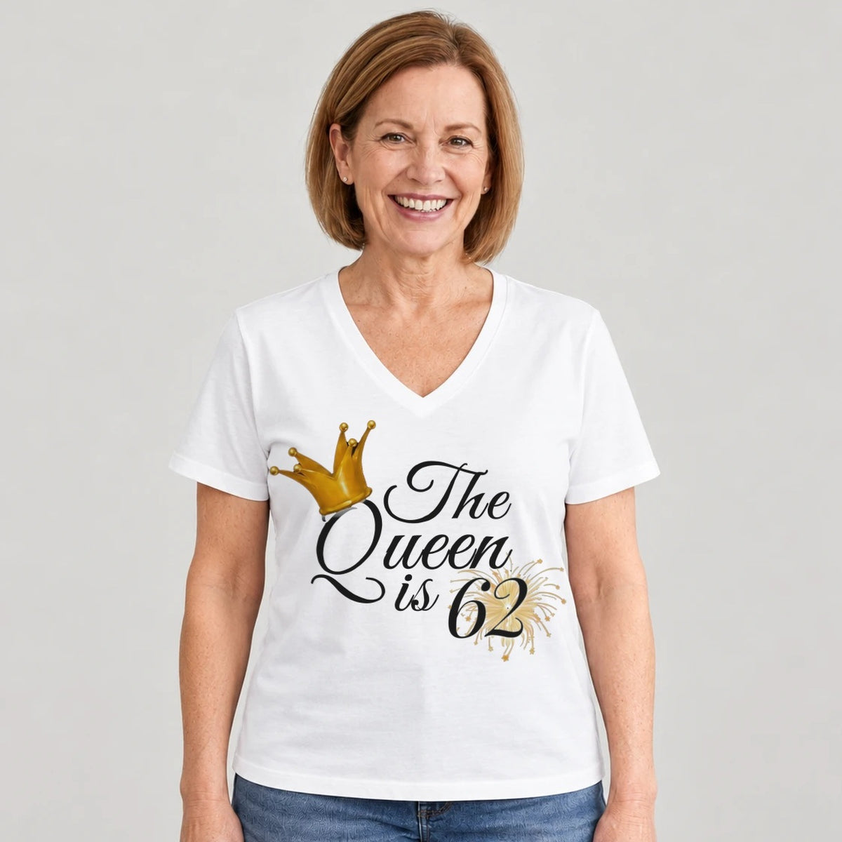 The Queen Is 62 - 62nd Birthday Queen T-Shirt for Women - White V-Neck
