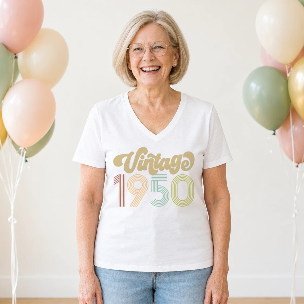 Vintage 1950 - Retro 76th Birthday T-Shirt for Women - White V-Neck
