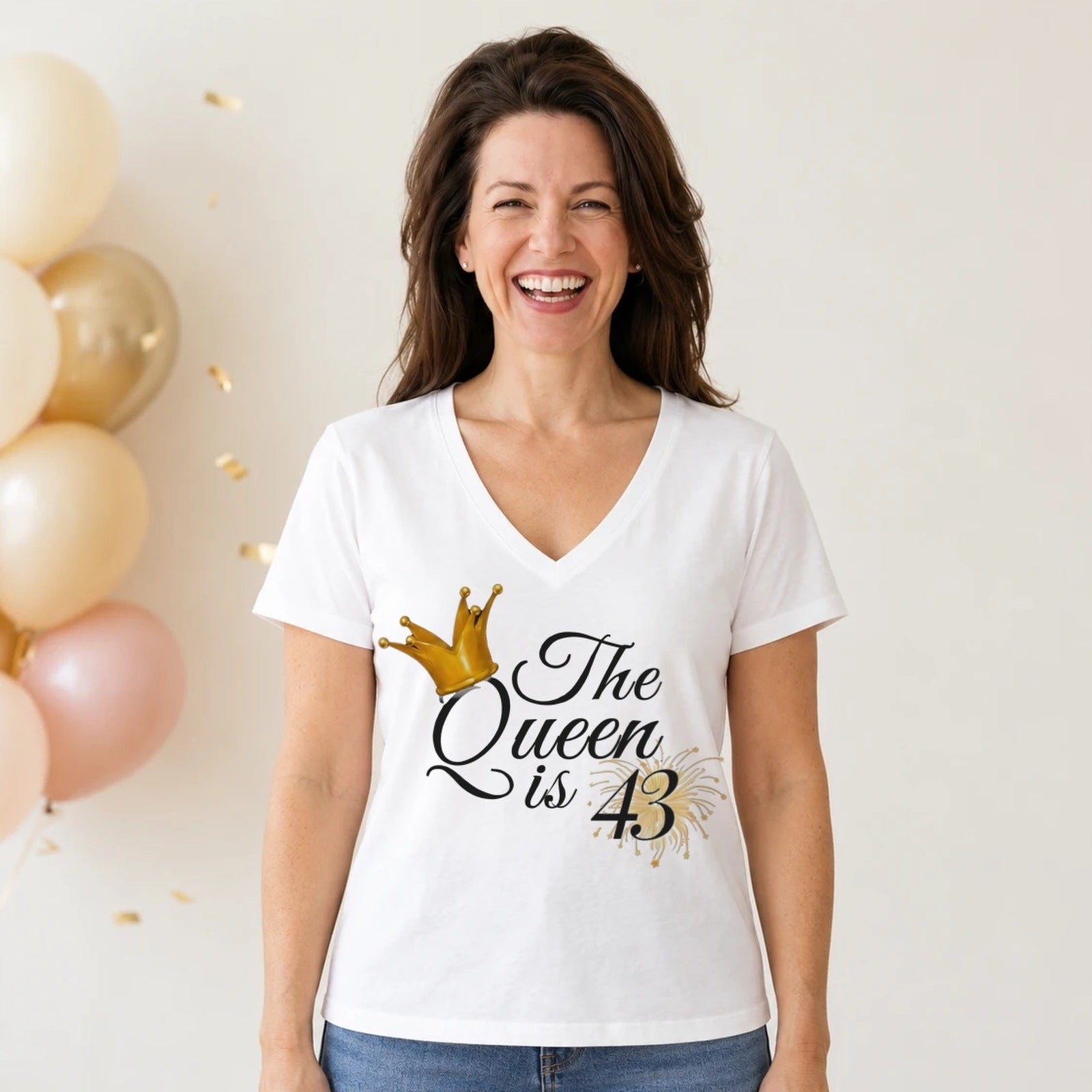 The Queen Is 43 - 43rd Birthday Queen T-Shirt for Women - White V-Neck