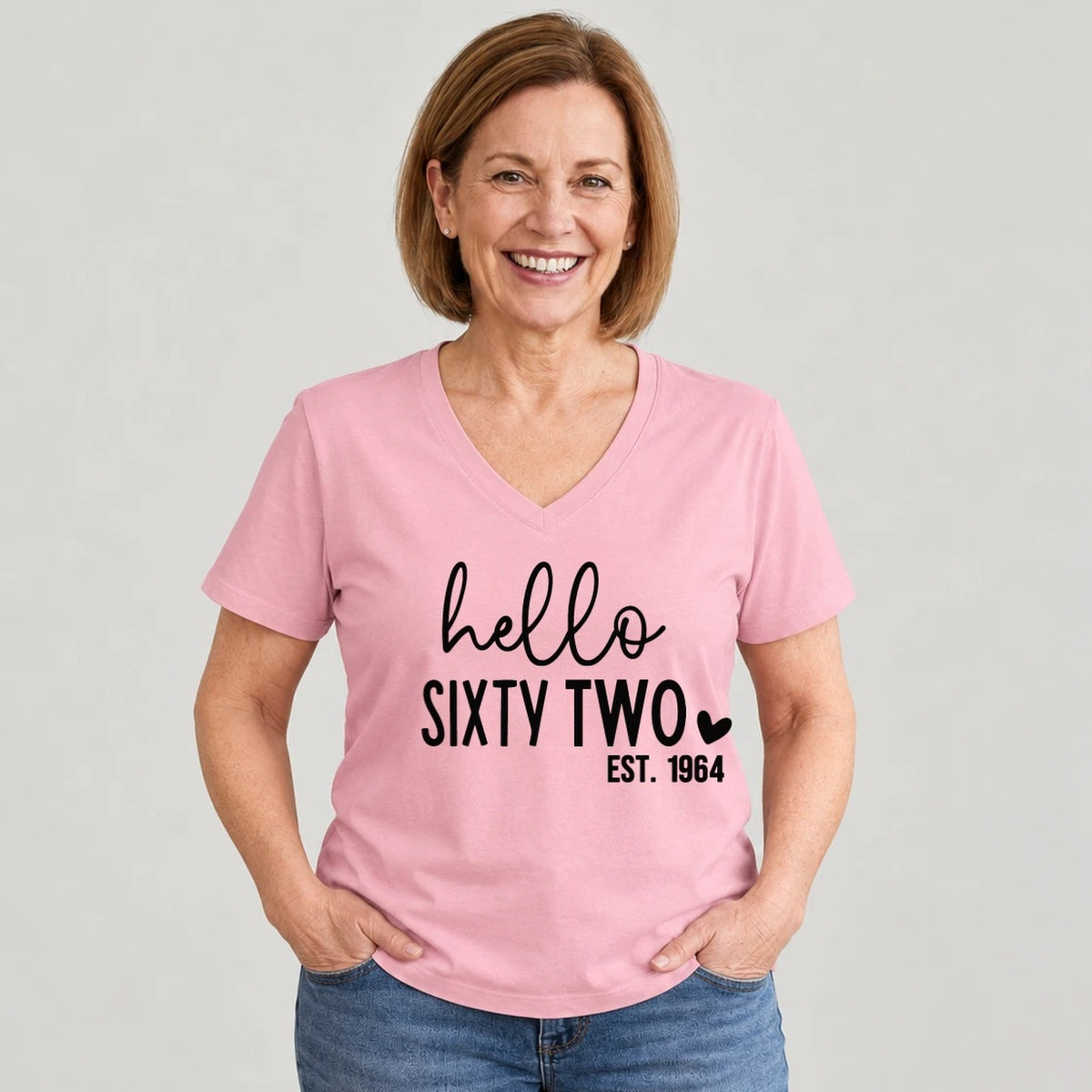 Hello Sixty-Two 62nd Birthday T-Shirt for Women - Est. 1964 - Blush Pink V-Neck