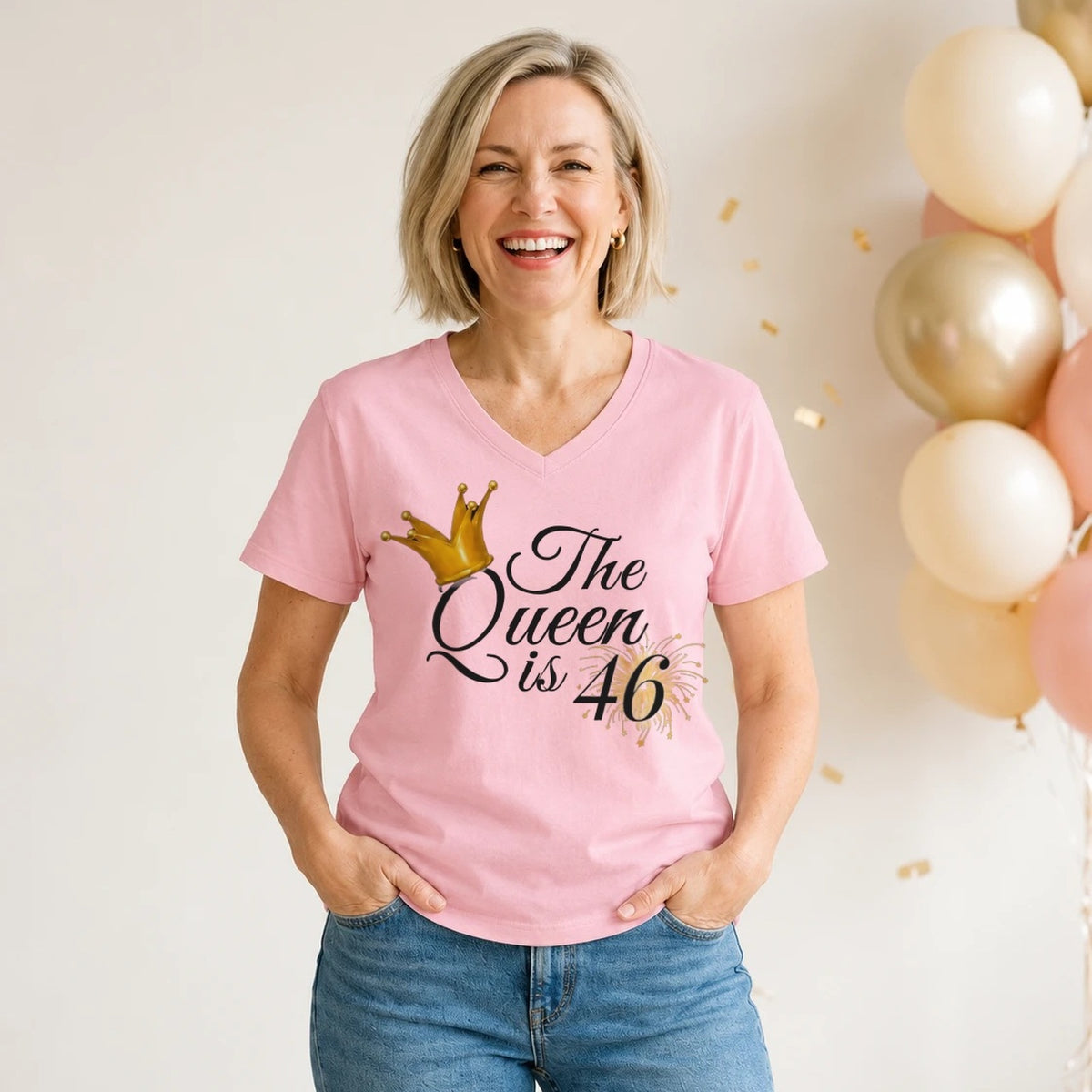 The Queen Is 46 - 46th Birthday Queen T-Shirt for Women - Blush Pink V-Neck