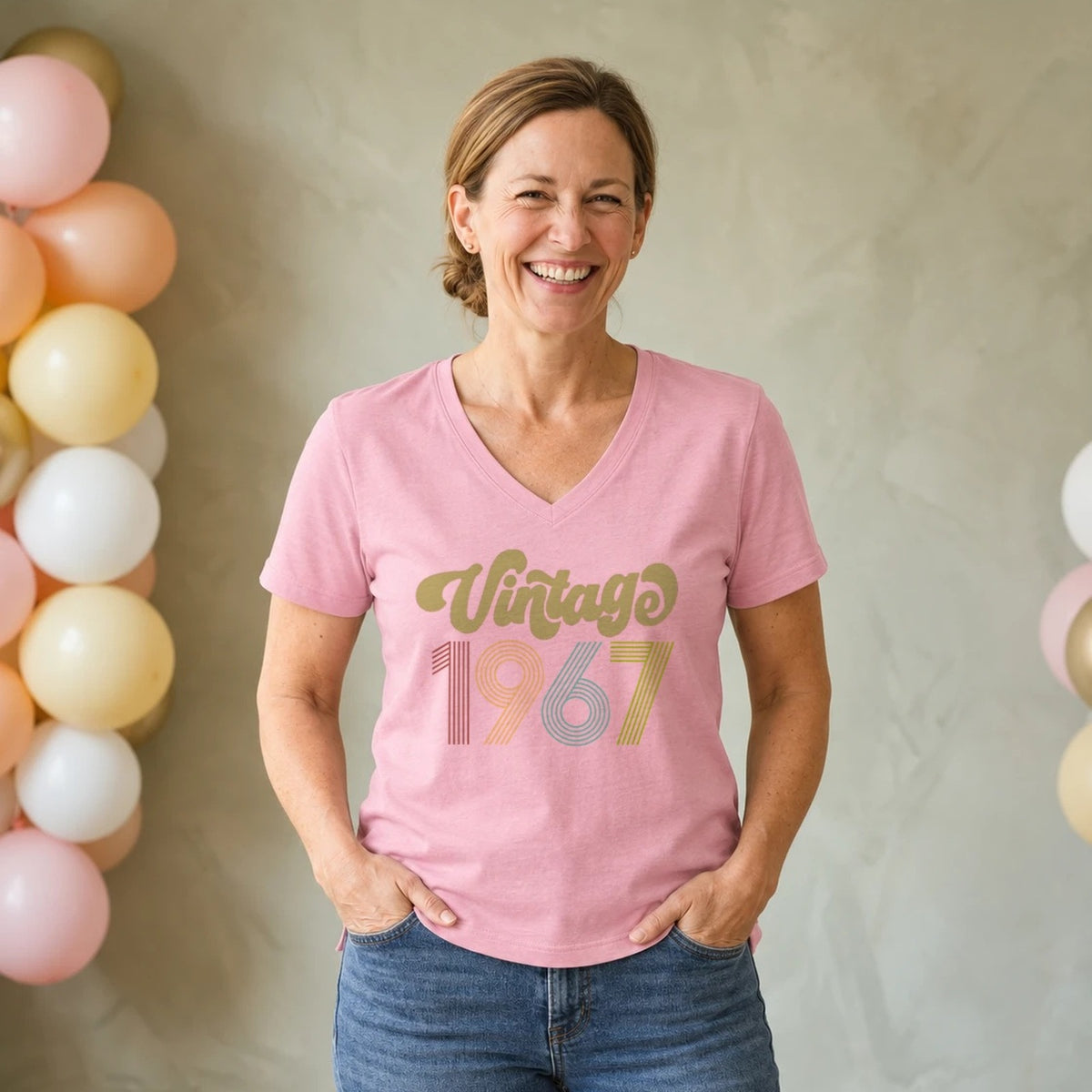 Vintage 1967 - Retro 59th Birthday T-Shirt for Women - Blush Pink V-Neck