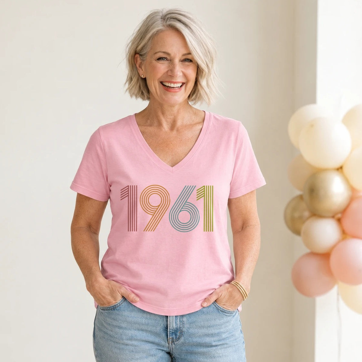 1961 Birth Year Shirt - Retro 65th Birthday T-Shirt for Women - Blush Pink V-Neck