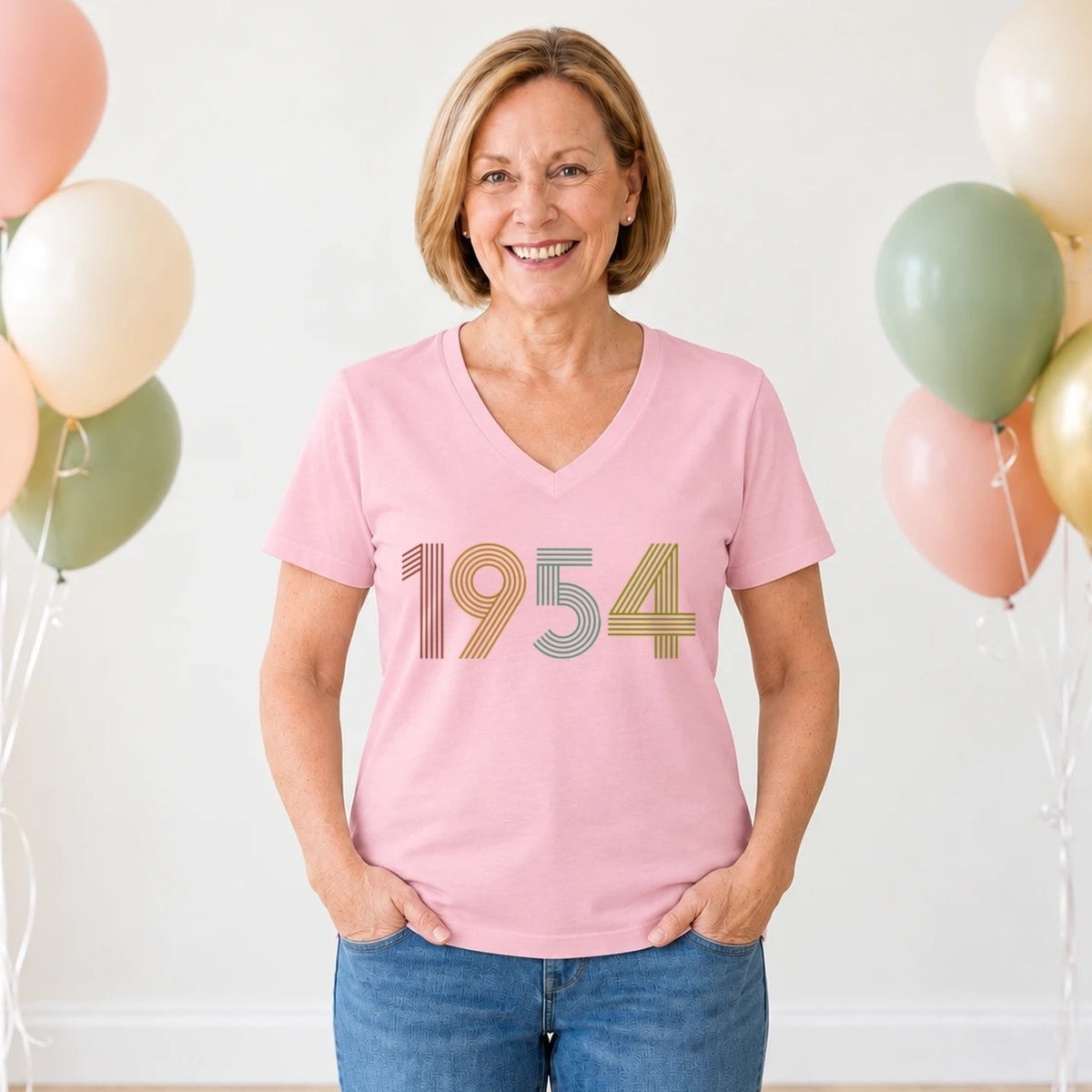 1954 Birth Year Shirt - Retro 72nd Birthday T-Shirt for Women - Blush Pink V-Neck
