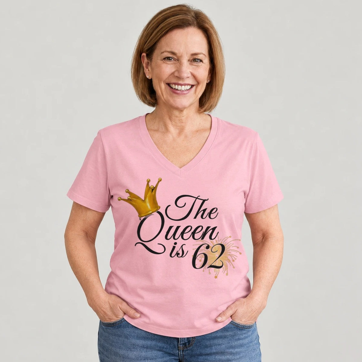 The Queen Is 62 - 62nd Birthday Queen T-Shirt for Women - Blush Pink V-Neck