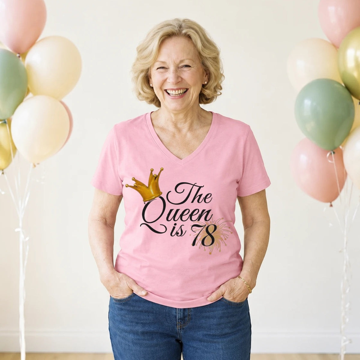 The Queen Is 78 - 78th Birthday Queen T-Shirt for Women - Blush Pink V-Neck