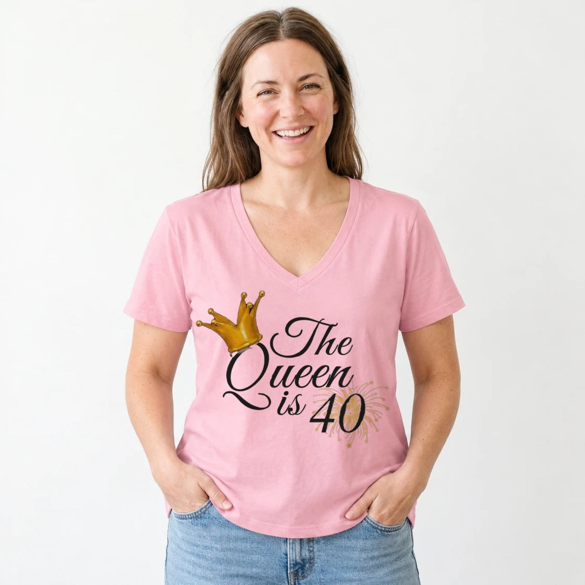 The Queen Is 40 - 40th Birthday Queen T-Shirt for Women - Blush Pink V-Neck