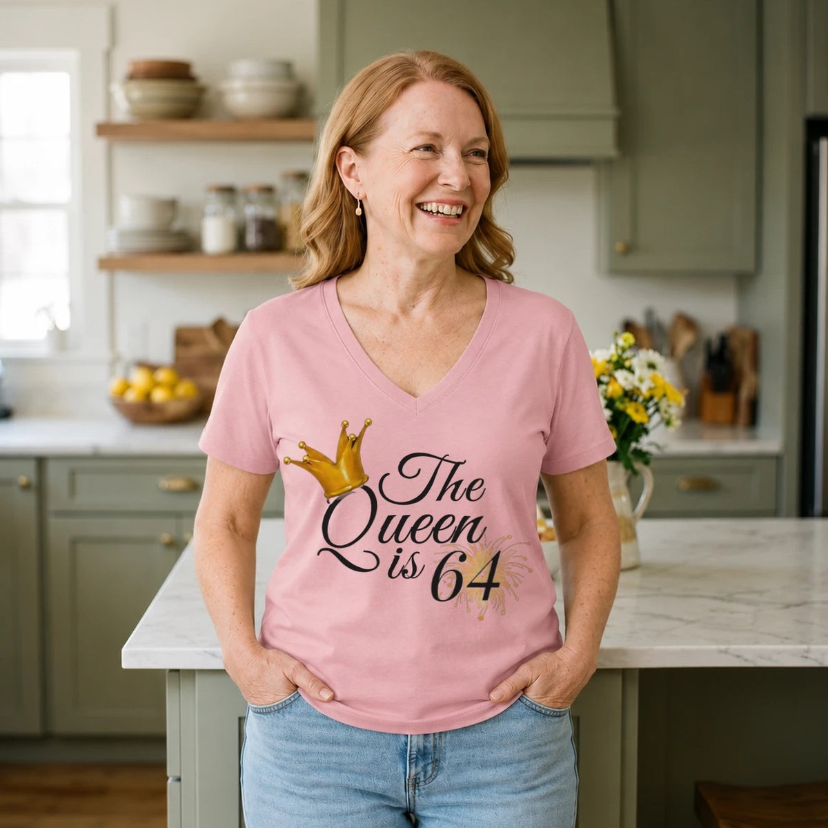 The Queen Is 64 - 64th Birthday Queen T-Shirt for Women - Blush Pink V-Neck