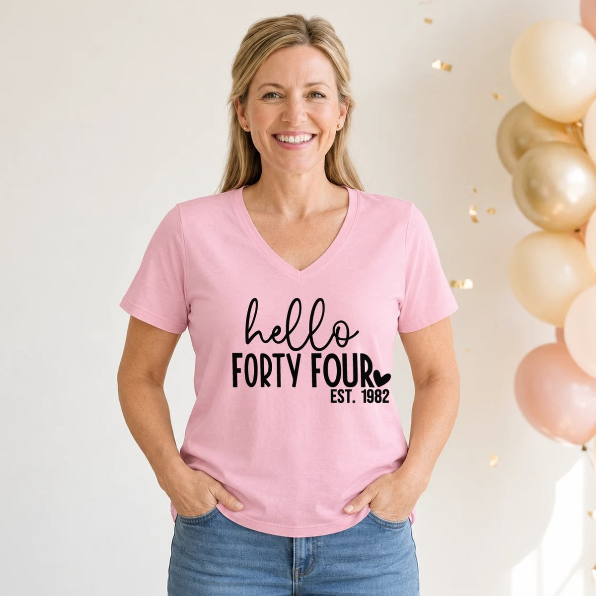 Hello Forty-Four 44th Birthday T-Shirt for Women - Est. 1982 - Blush Pink V-Neck