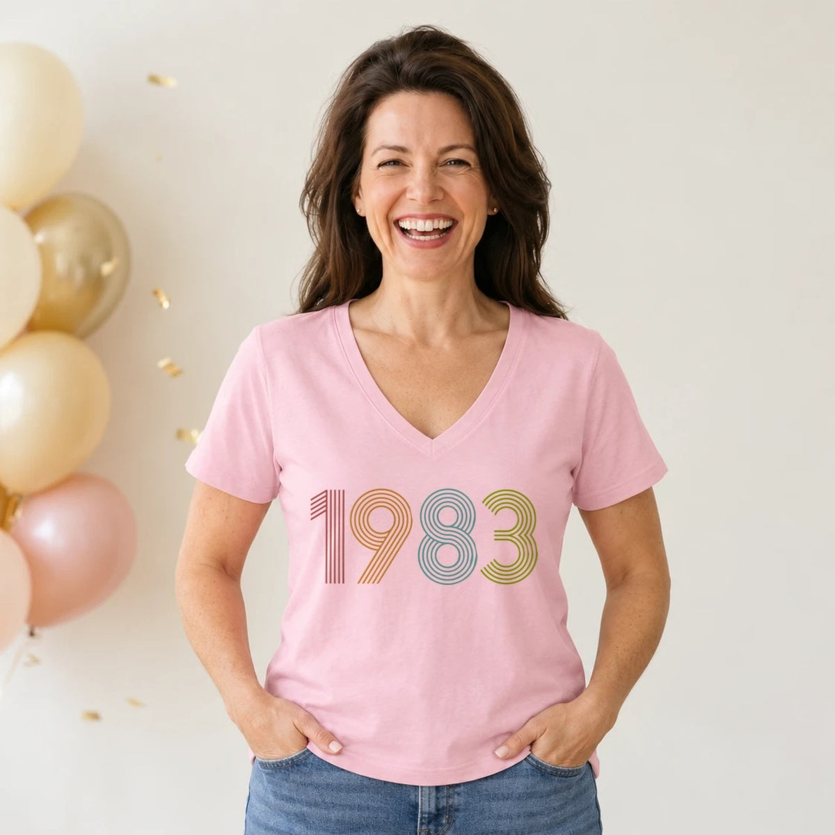 1983 Birth Year Shirt - Retro 43rd Birthday T-Shirt for Women - Pink Round Neck