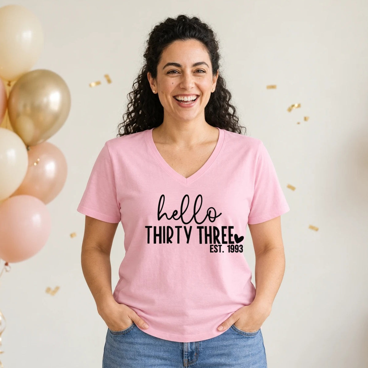 Hello Thirty-Three 33rd Birthday T-Shirt for Women - Est. 1993 - Blush Pink V-Neck