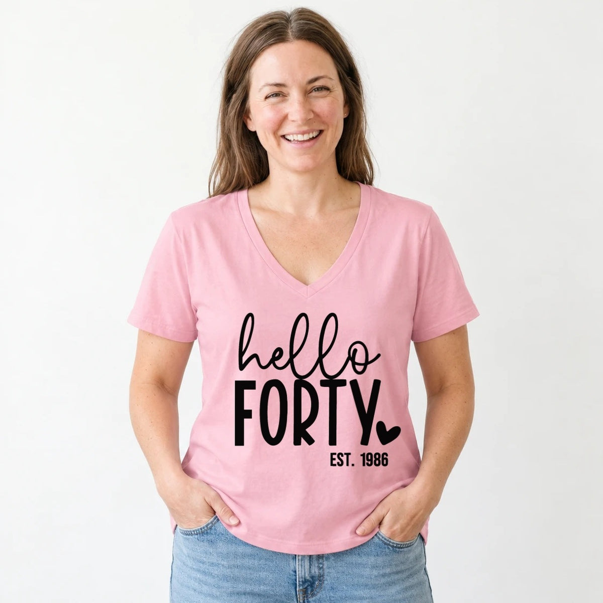Hello Forty 40th Birthday T-Shirt for Women - Est. 1986 - Blush Pink V-Neck