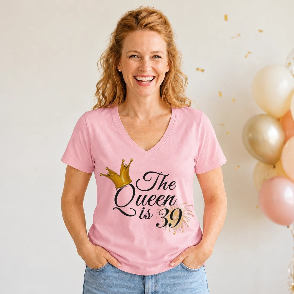 The Queen Is 39 - 39th Birthday Queen T-Shirt for Women - Blush Pink V-Neck