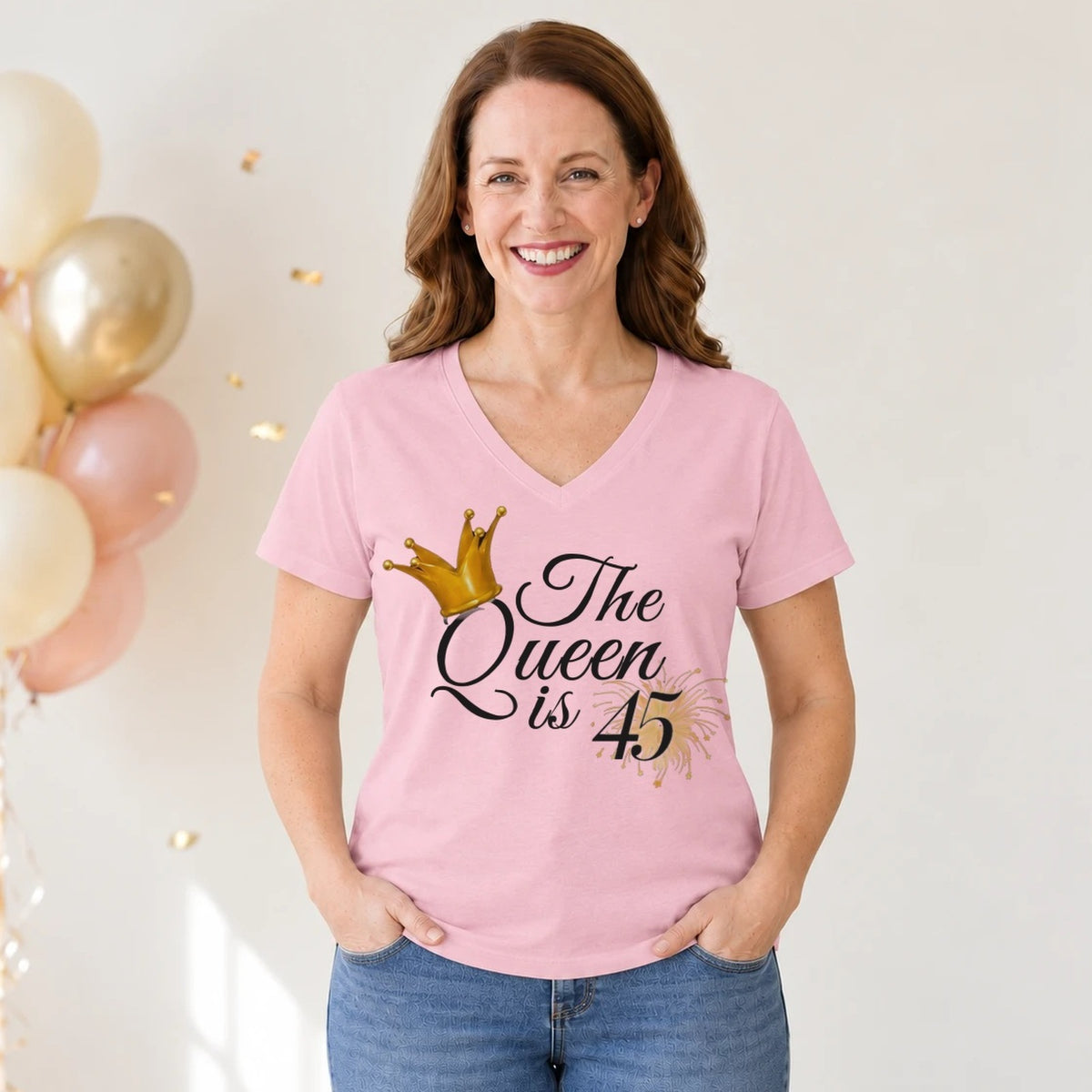The Queen Is 45 - 45th Birthday Queen T-Shirt for Women - Blush Pink V-Neck