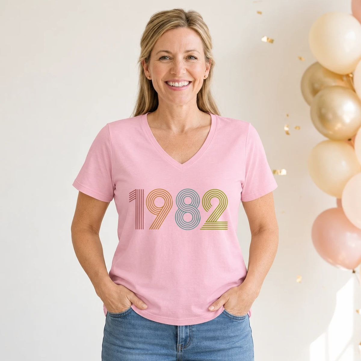 1982 Birth Year Shirt - Retro 44th Birthday T-Shirt for Women - Pink Round Neck