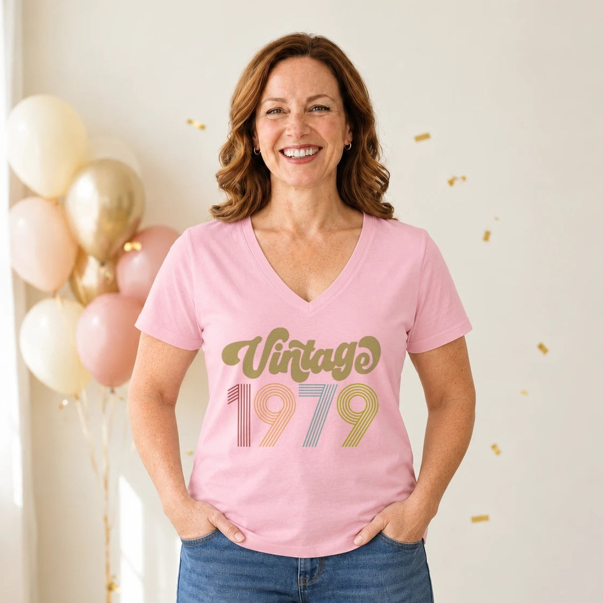 Vintage 1979 - Retro 47th Birthday T-Shirt for Women - Blush Pink V-Neck