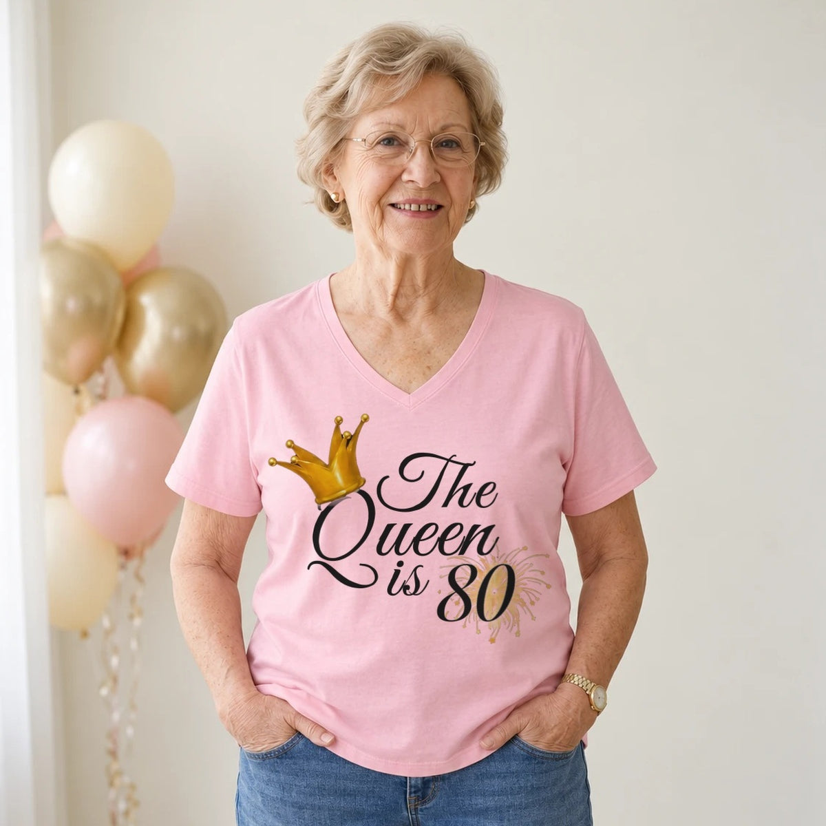 The Queen Is 80 - 80th Birthday Queen T-Shirt for Women - Blush Pink V-Neck