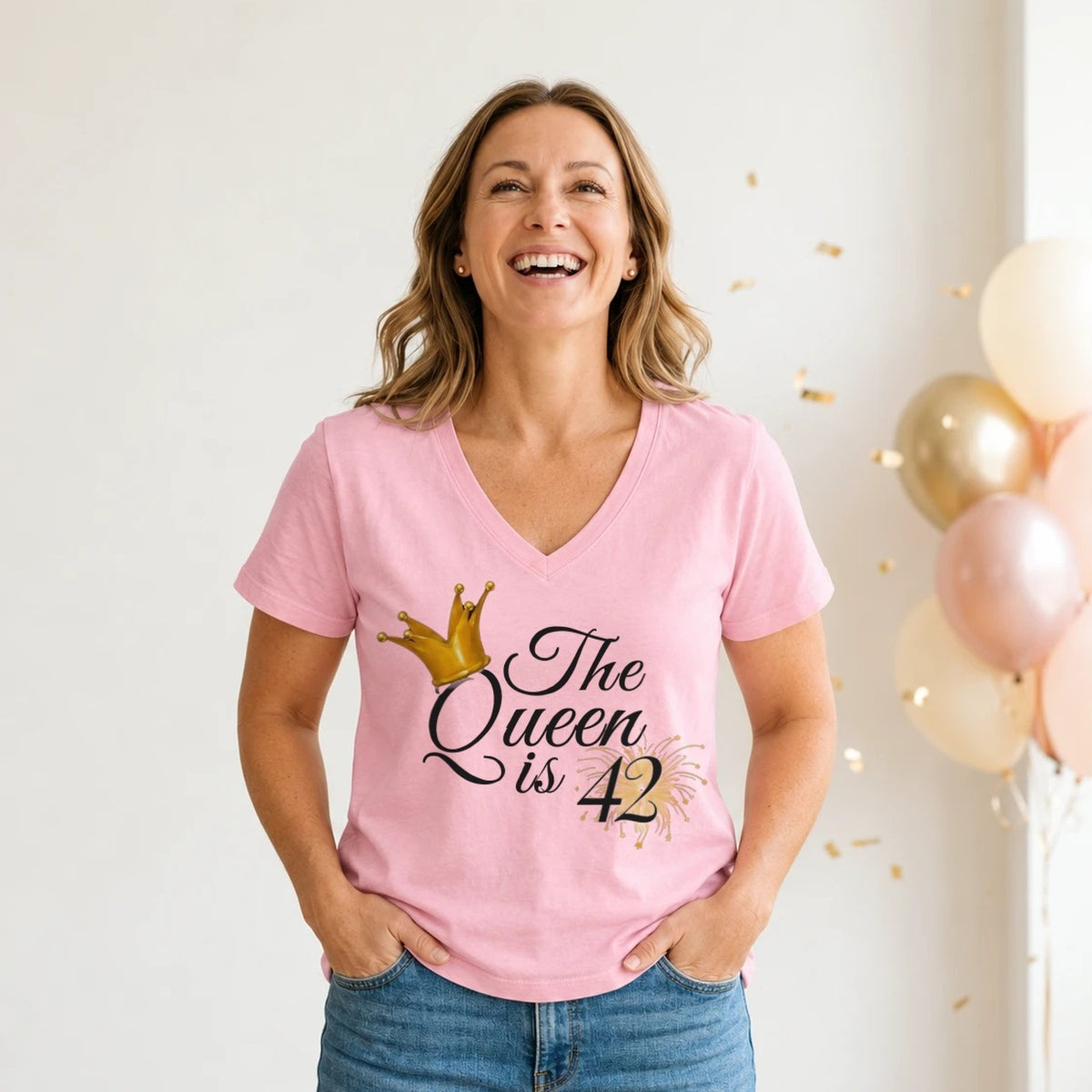 The Queen Is 42 - 42nd Birthday Queen T-Shirt for Women - Blush Pink V-Neck