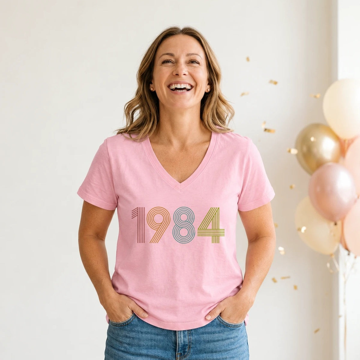 1984 Birth Year Shirt - Retro 42nd Birthday T-Shirt for Women - Pink Round Neck