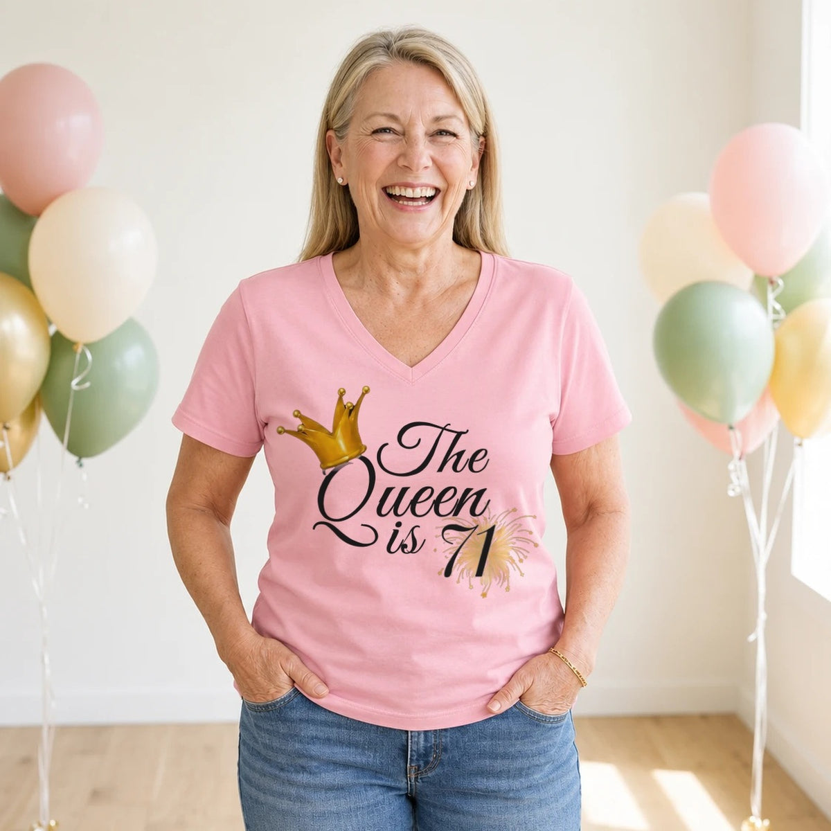 The Queen Is 71 - 71st Birthday Queen T-Shirt for Women - Blush Pink V-Neck