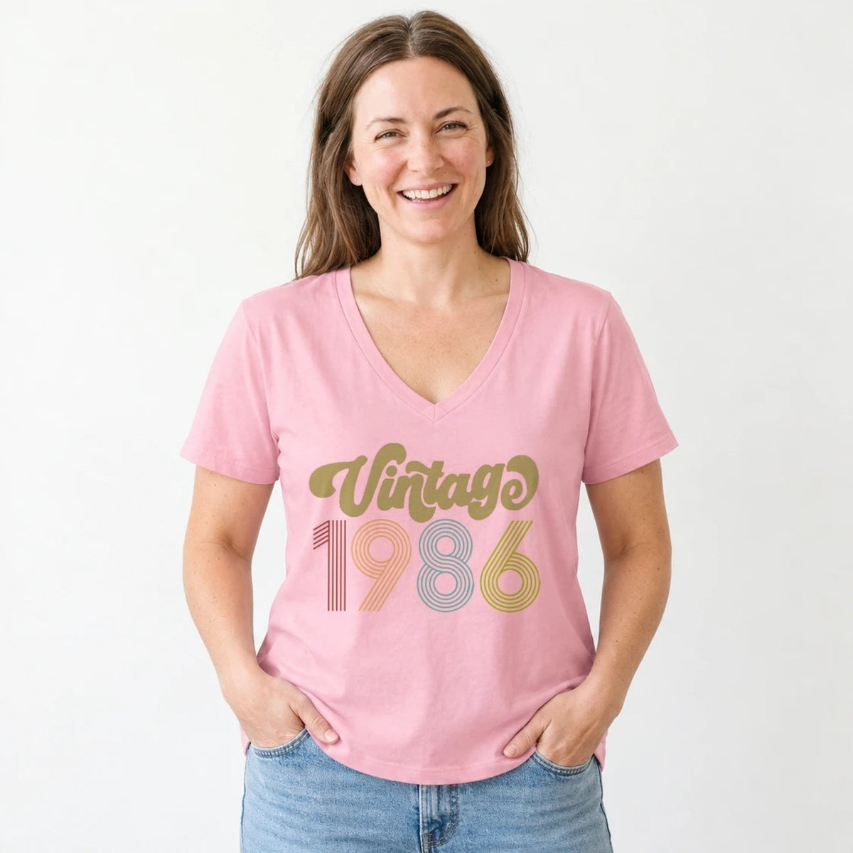 Vintage 1986 - Retro 40th Birthday T-Shirt for Women - Blush Pink V-Neck