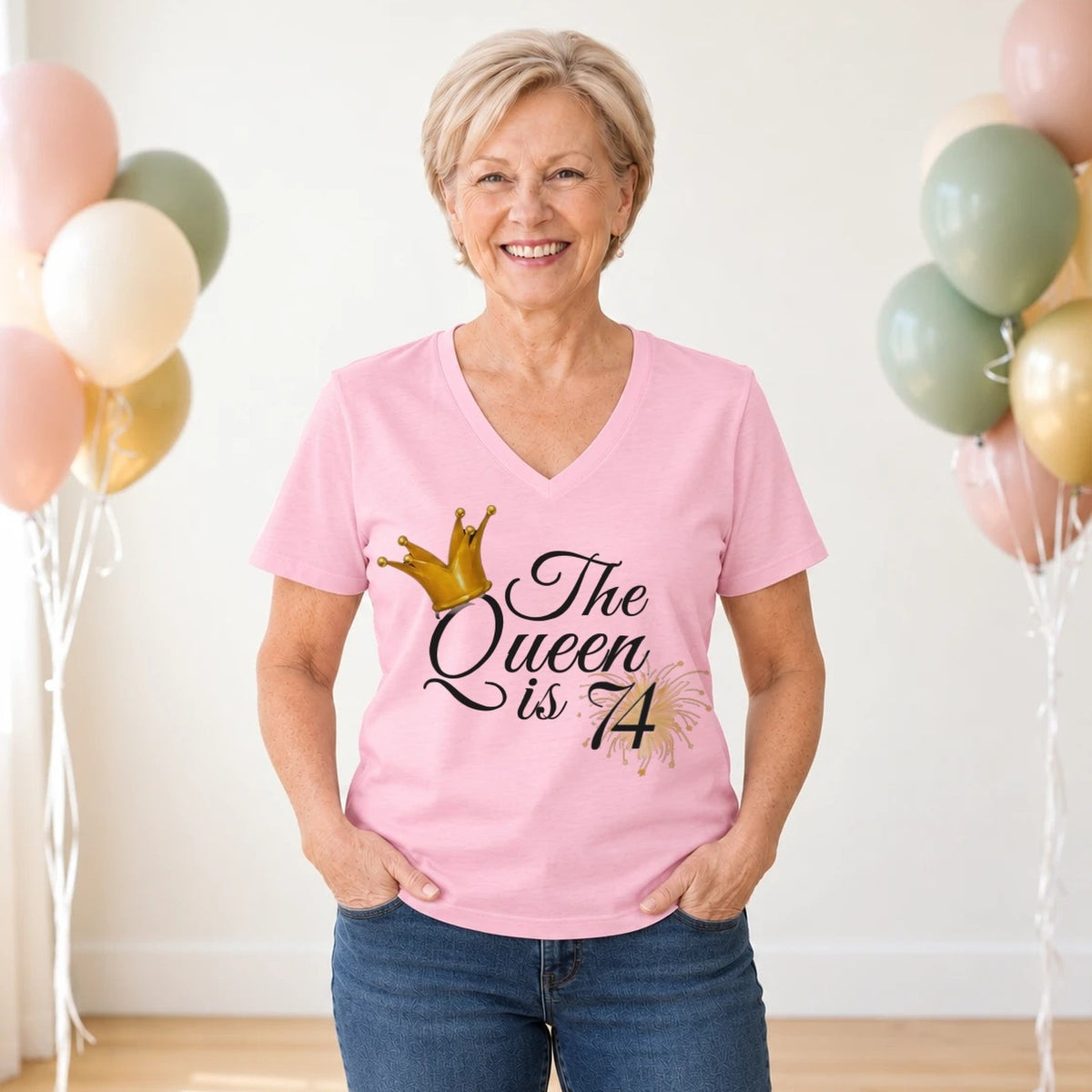 The Queen Is 74 - 74th Birthday Queen T-Shirt for Women - Blush Pink V-Neck