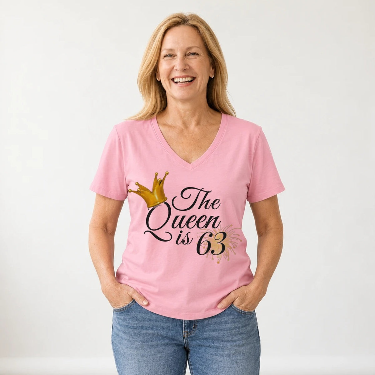 The Queen Is 63 - 63rd Birthday Queen T-Shirt for Women - Blush Pink V-Neck