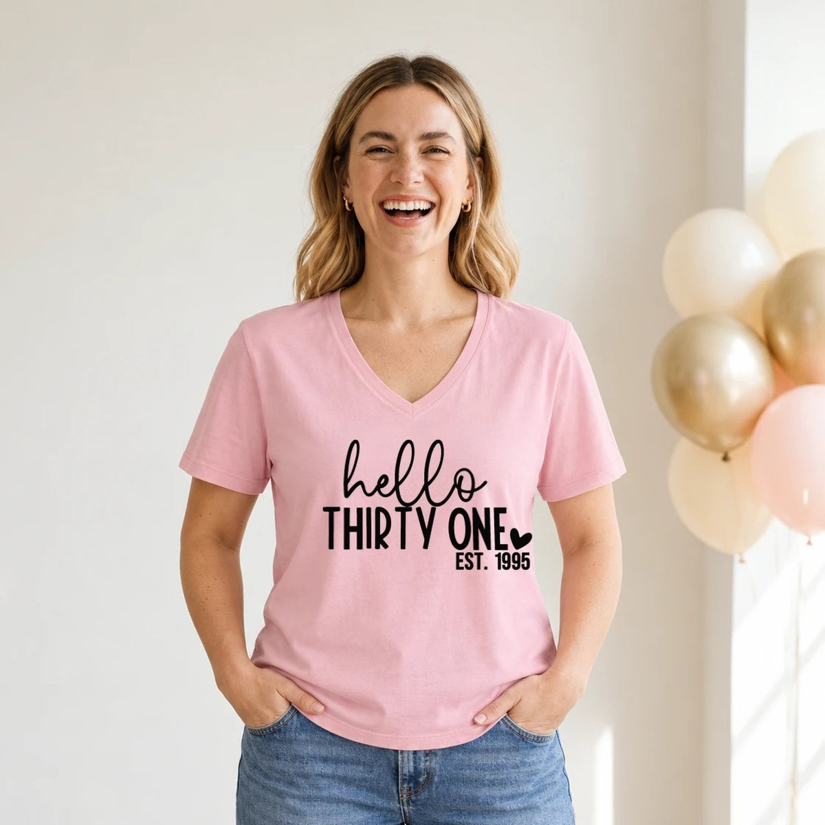 Hello Thirty-One 31st Birthday T-Shirt for Women - Est. 1995 - Blush Pink V-Neck