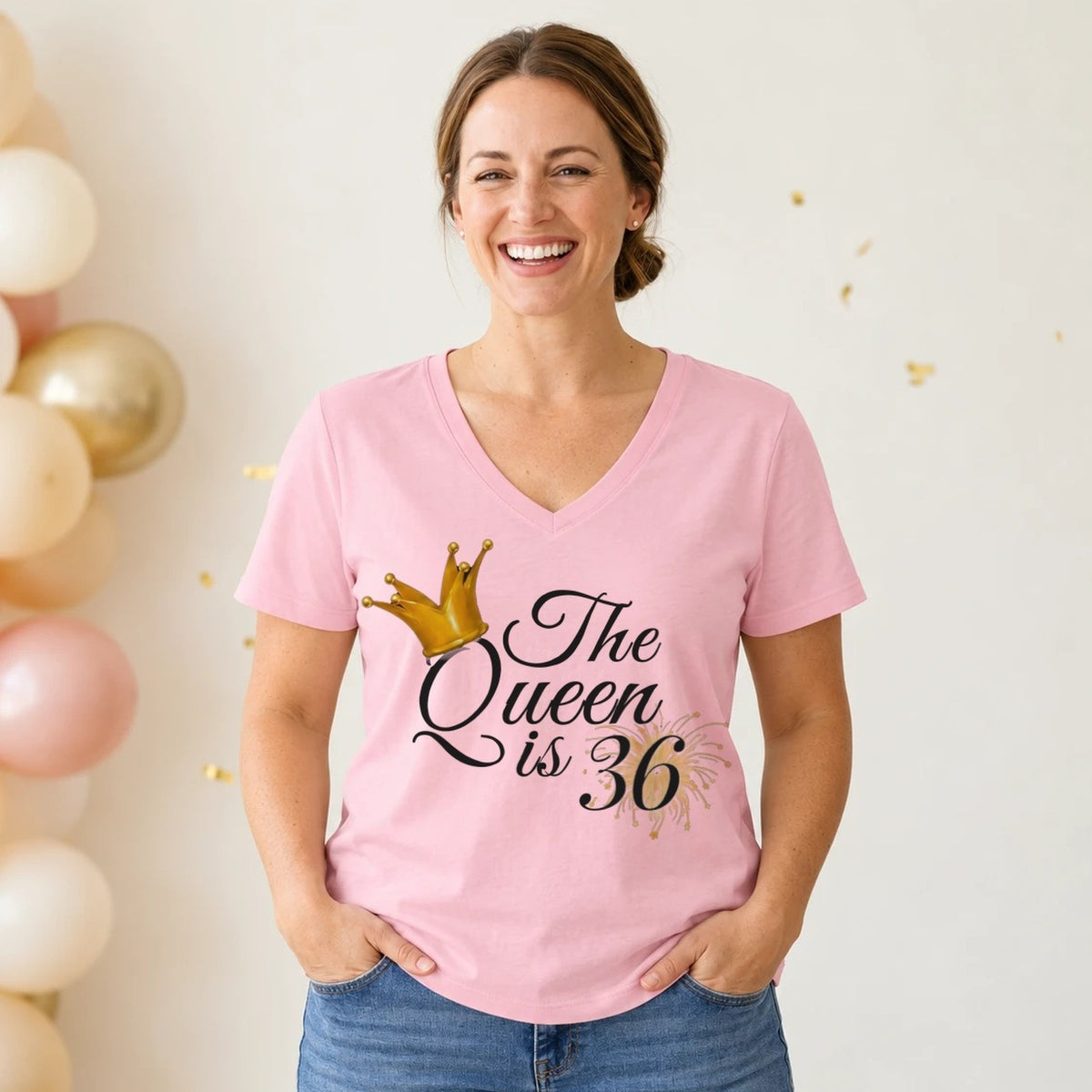The Queen Is 36 - 36th Birthday Queen T-Shirt for Women - Blush Pink V-Neck