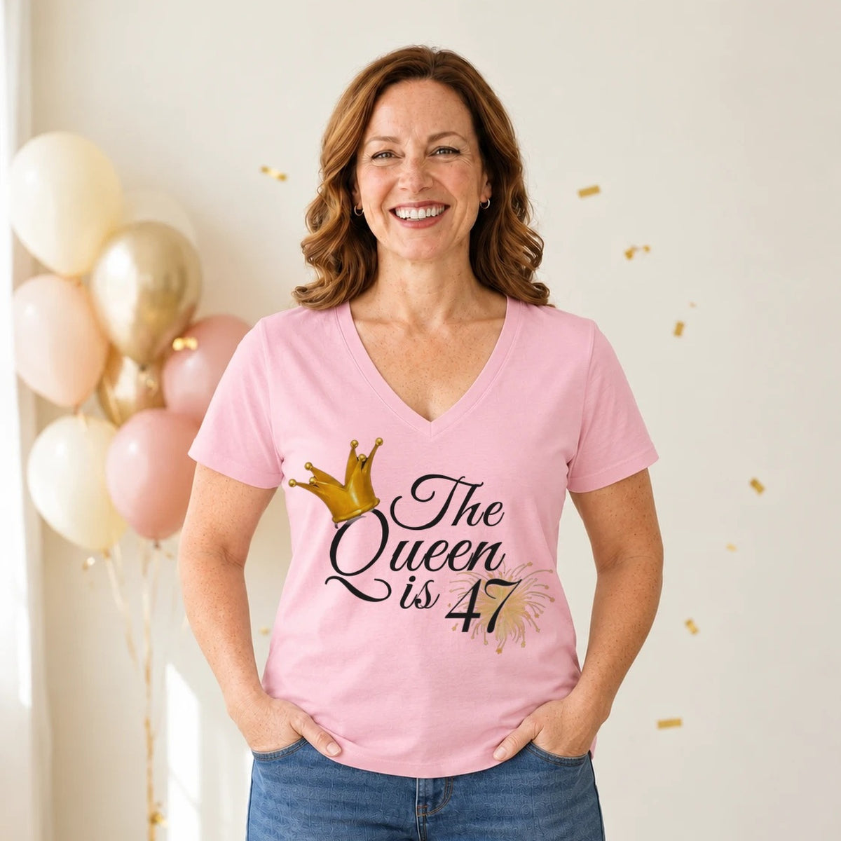 The Queen Is 47 - 47th Birthday Queen T-Shirt for Women - Blush Pink V-Neck
