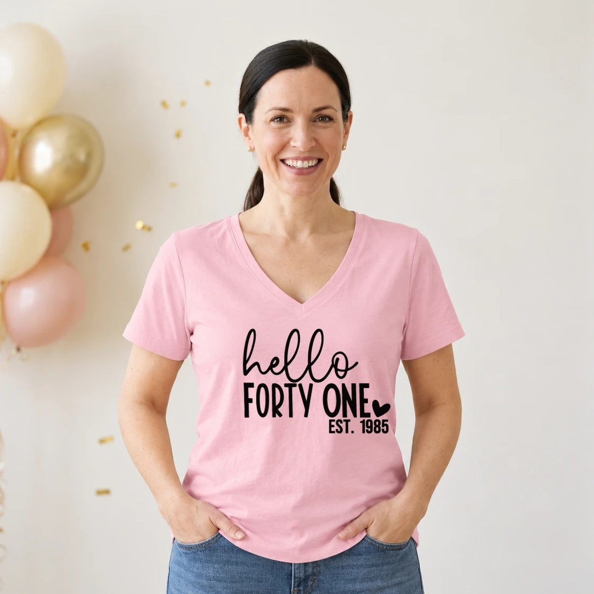 Hello Forty-One 41st Birthday T-Shirt for Women - Est. 1985 - Blush Pink V-Neck