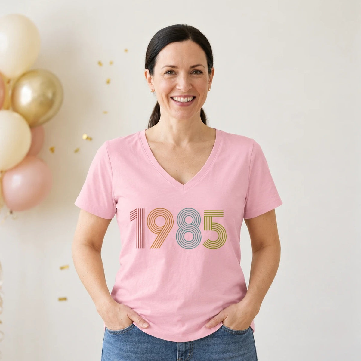 1985 Birth Year Shirt - Retro 41st Birthday T-Shirt for Women - Pink Round Neck