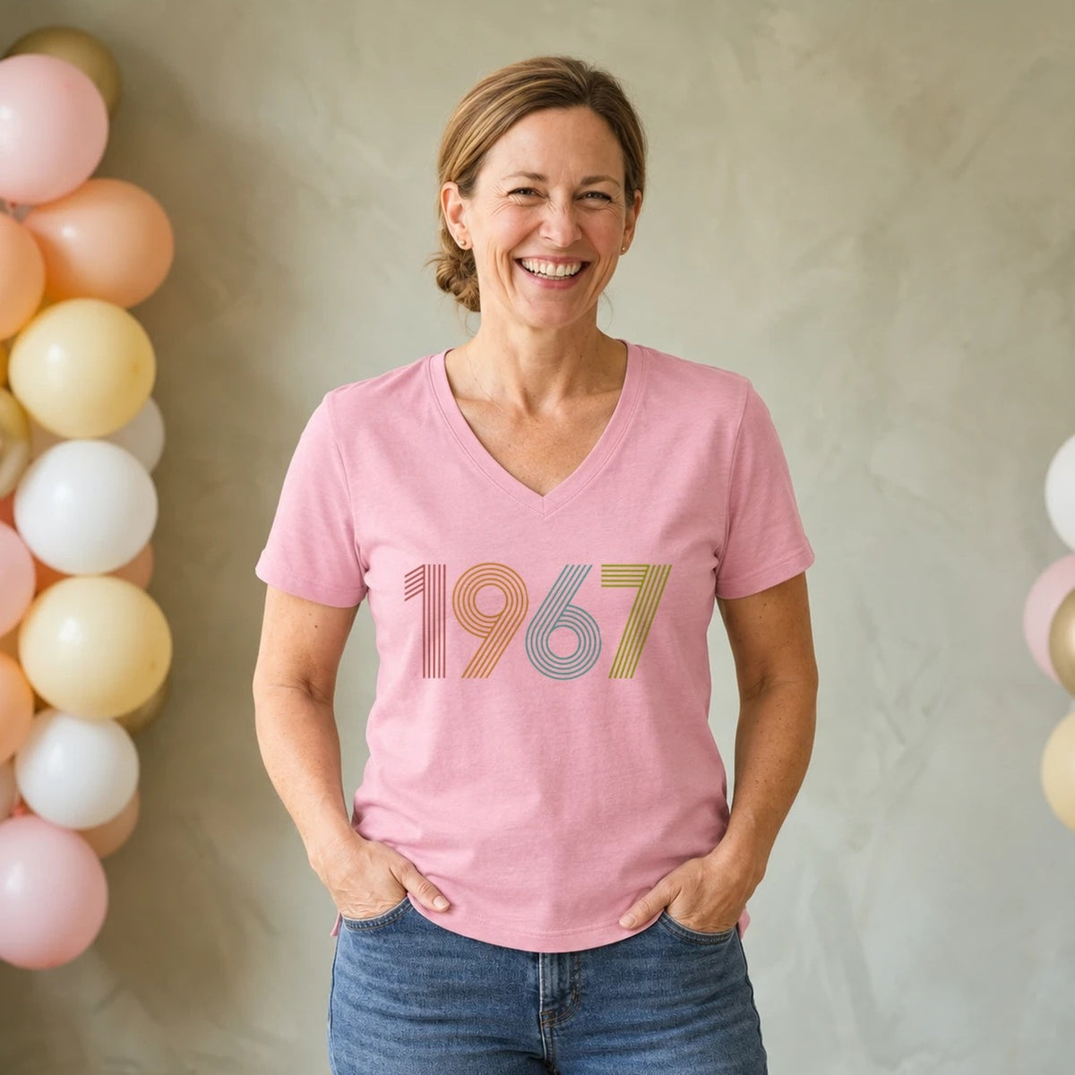1967 Birth Year Shirt - Retro 59th Birthday T-Shirt for Women - Blush Pink V-Neck