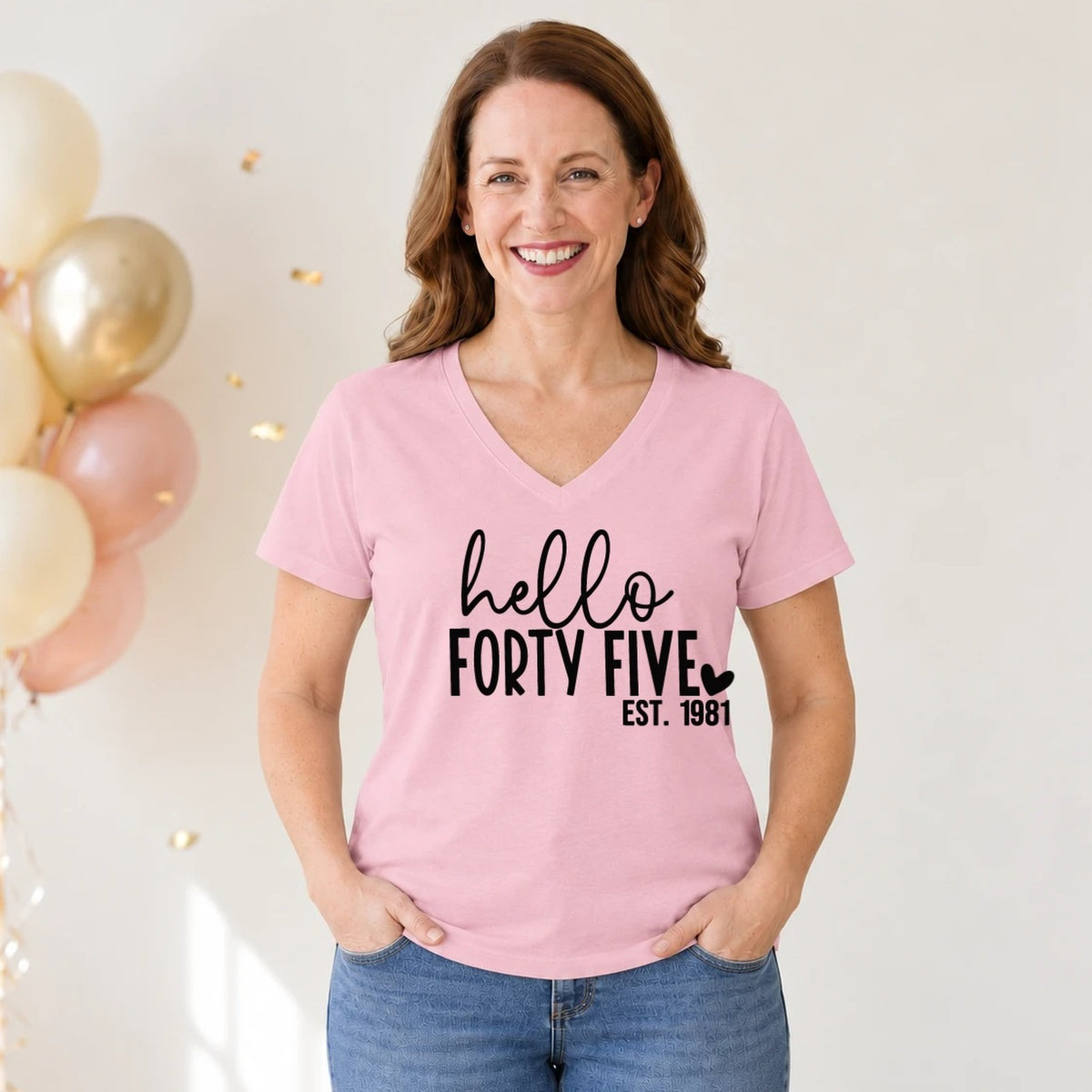 Hello Forty-Five 45th Birthday T-Shirt for Women - Est. 1981 - Blush Pink V-Neck