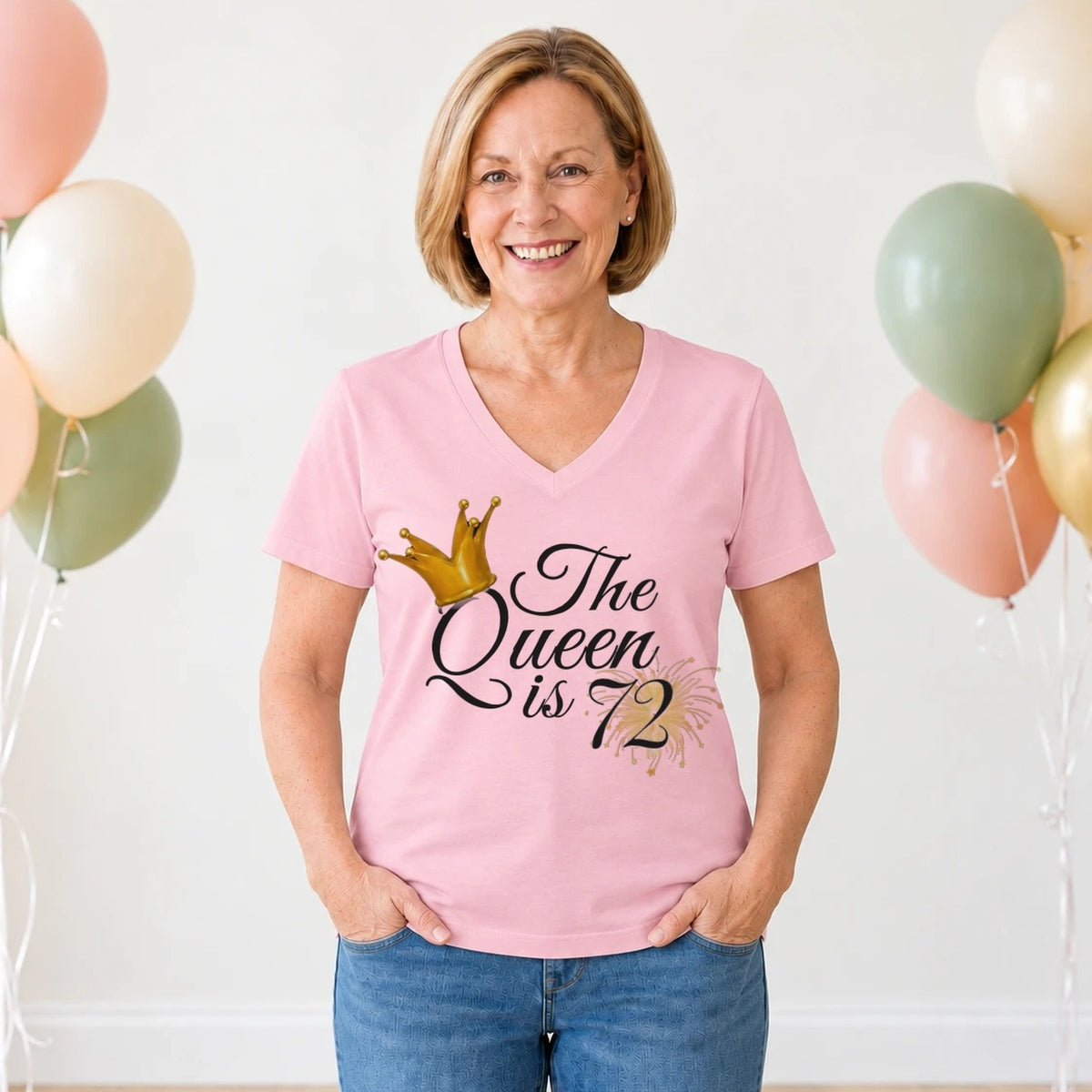The Queen Is 72 - 72nd Birthday Queen T-Shirt for Women - Blush Pink V-Neck