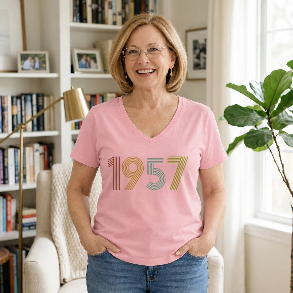 1957 Birth Year Shirt - Retro 69th Birthday T-Shirt for Women - Blush Pink V-Neck
