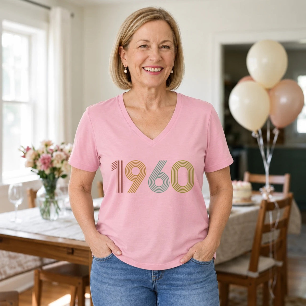 1960 Birth Year Shirt - Retro 66th Birthday T-Shirt for Women - Blush Pink V-Neck