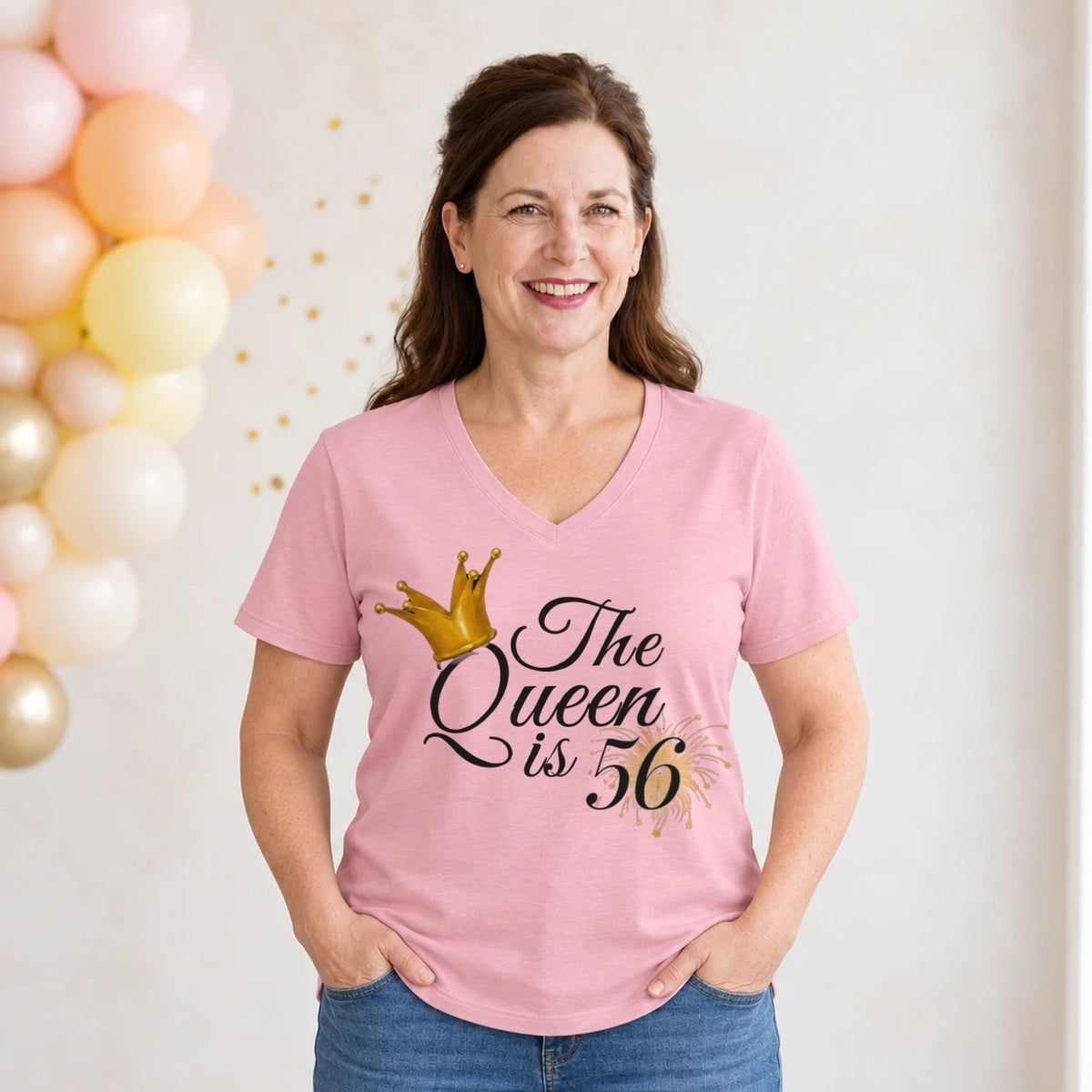 The Queen Is 56 - 56th Birthday Queen T-Shirt for Women - Blush Pink V-Neck