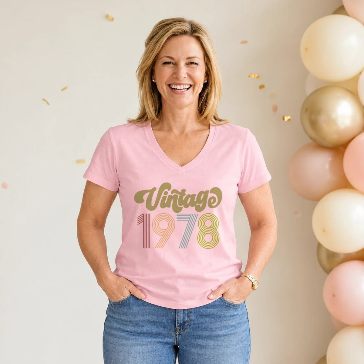 Vintage 1978 - Retro 48th Birthday T-Shirt for Women - Blush Pink V-Neck