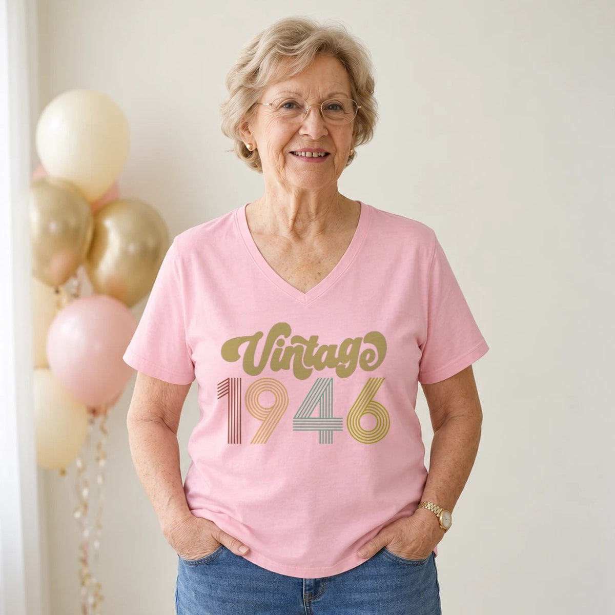 Vintage 1946 - Retro 80th Birthday T-Shirt for Women - Blush Pink V-Neck