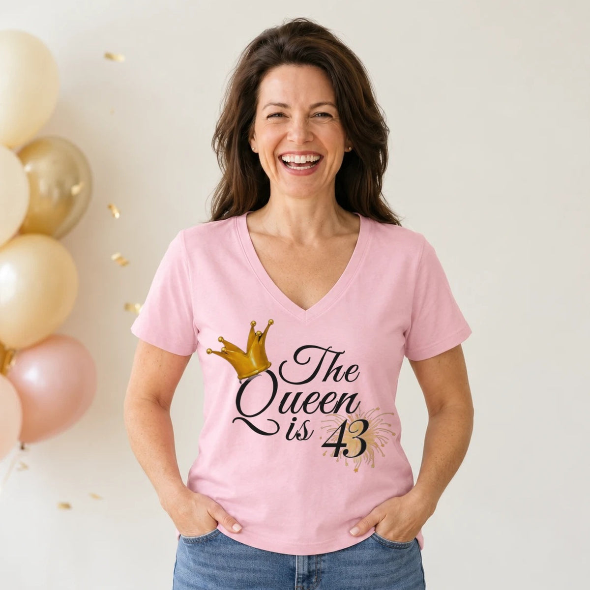 The Queen Is 43 - 43rd Birthday Queen T-Shirt for Women - Blush Pink V-Neck