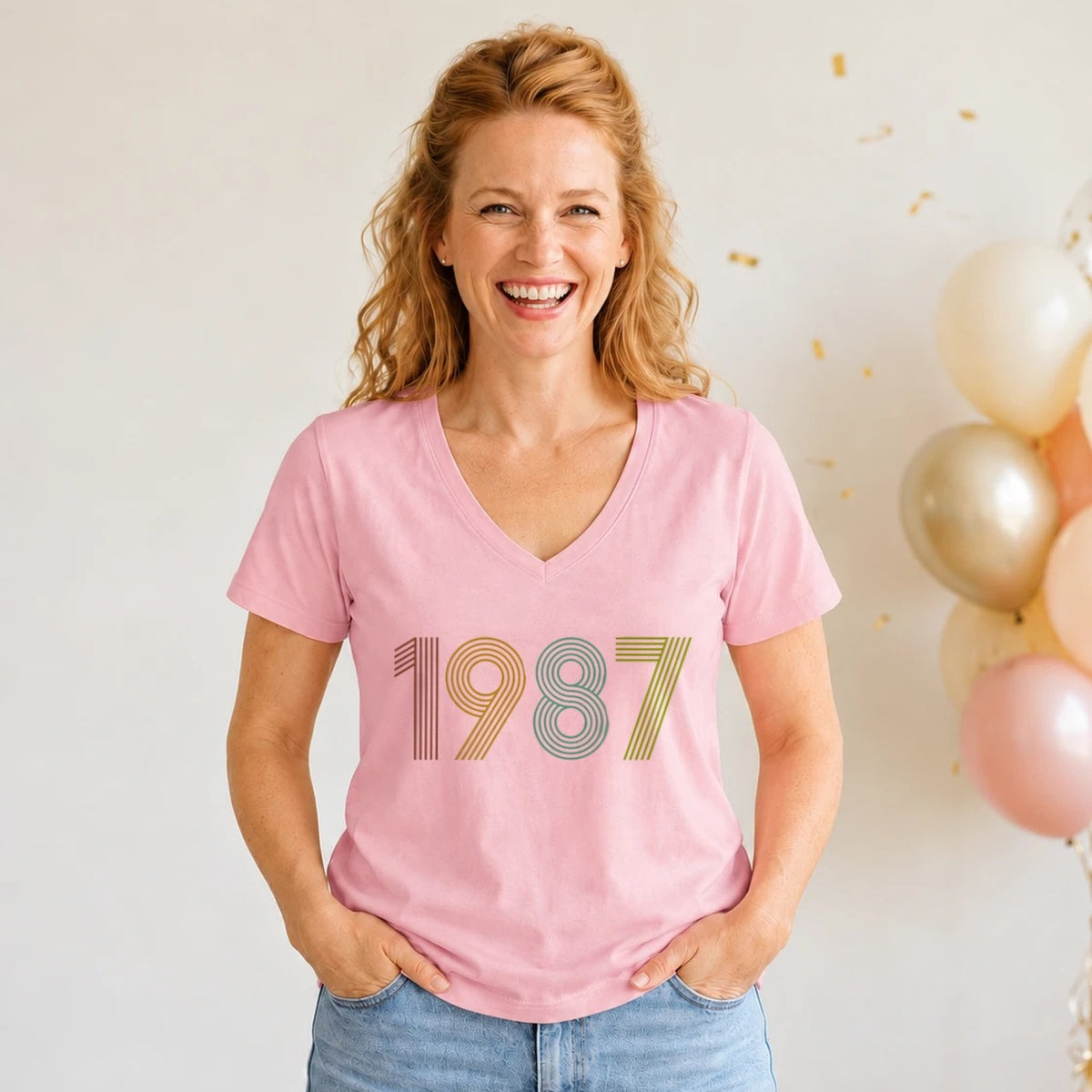 1987 Birth Year Shirt - Retro 39th Birthday T-Shirt for Women - Pink Round Neck