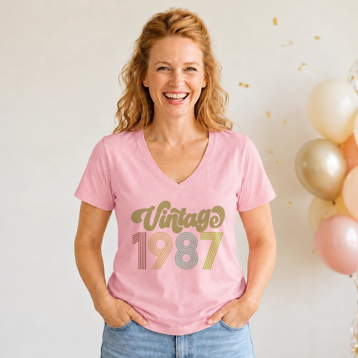 Vintage 1987 - Retro 39th Birthday T-Shirt for Women - Blush Pink V-Neck